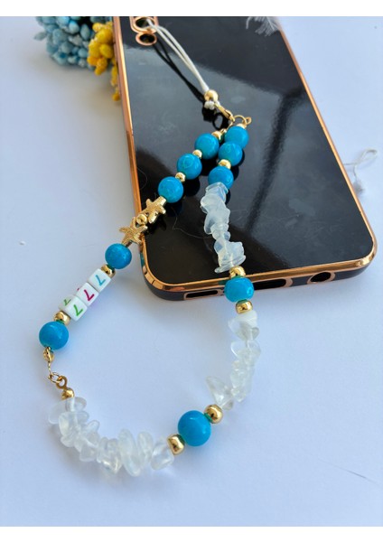 Mavi Cam Boncuklu Opal Doğal Taşlı Şans Temalı Telefon ve Çanta ı