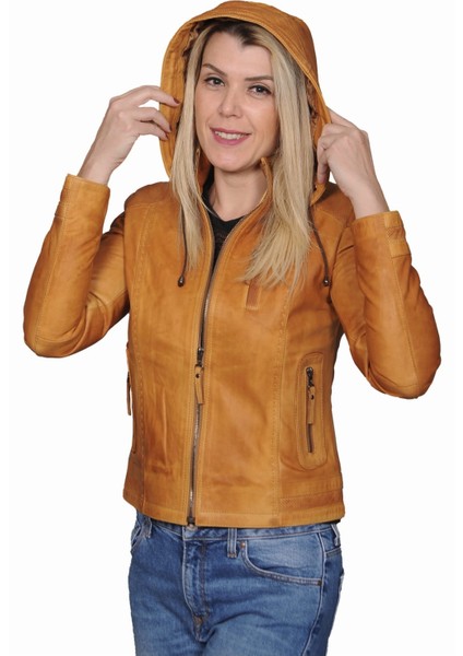 Sara Deri Kadın Camel Kapüşonlu Ceket-Mont