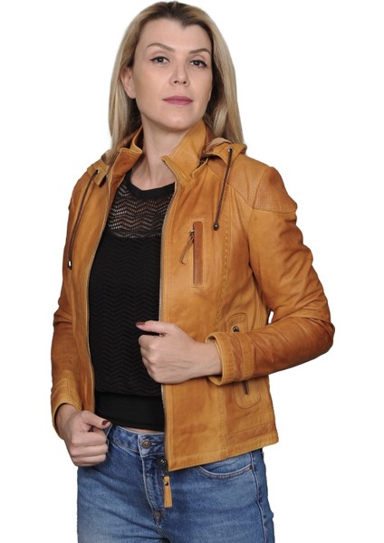 Sara Deri Kadın Camel Kapüşonlu Ceket-Mont