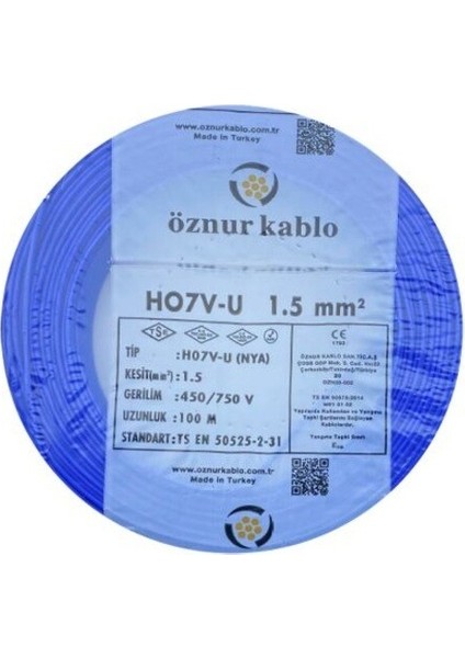 1.5 mm Nya %100 Bakır Tek Damar Kablo Mavi Renk 100 Metre