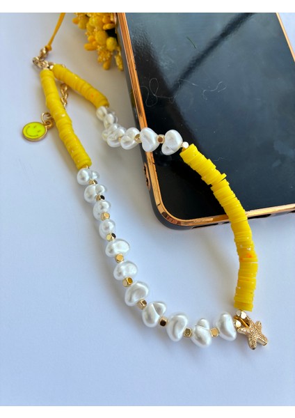 Sarı Fimo Boncuklu Gülen Surat Emojili Inci Boncuklu Çanta ve Telefon ı