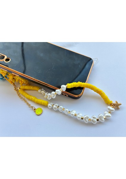 Sarı Fimo Boncuklu Gülen Surat Emojili Inci Boncuklu Çanta ve Telefon ı modelleri