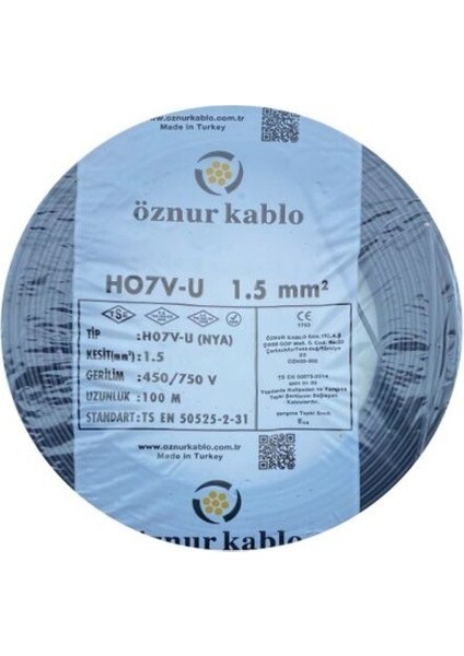 1.5 mm Nya %100 Bakır Tek Damar Kablo Siyah Renk 1 Top 100 Metre