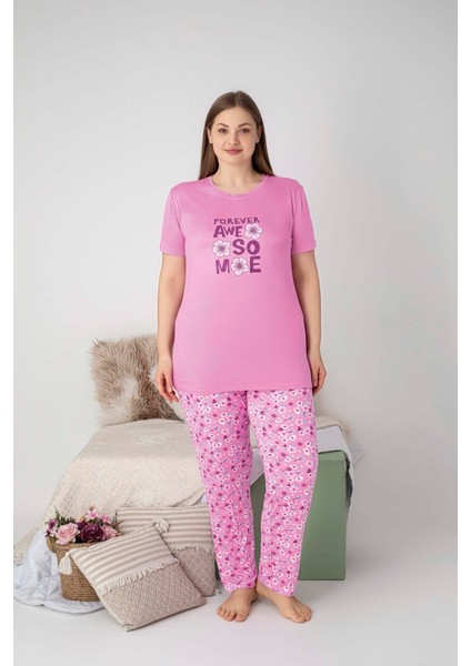 Kadın Bisiklet Yaka Düğmesiz Battal Kesim Viskon Yazlık Kısa Kol Cepli Büyük Beden Pijama Takımı