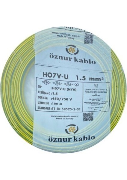 1.5 mm Nya %100 Bakır Tek Damar Kablo Sarı-Yeşil Renk 1 Top 100 Metre