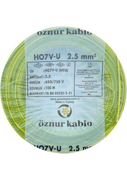 2.5 mm Nya %100 Bakır Tek Damar Kablo Sarı-Yeşil Renk 1 Top 100 Metre