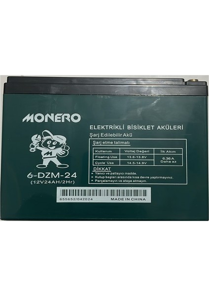 Elektrikli Bisiklet Şarj Edilebilir Jelli Akü Batarya 4 x 12V 24AH /2hr 6-Dzm-24 4 Adet Akü Monero