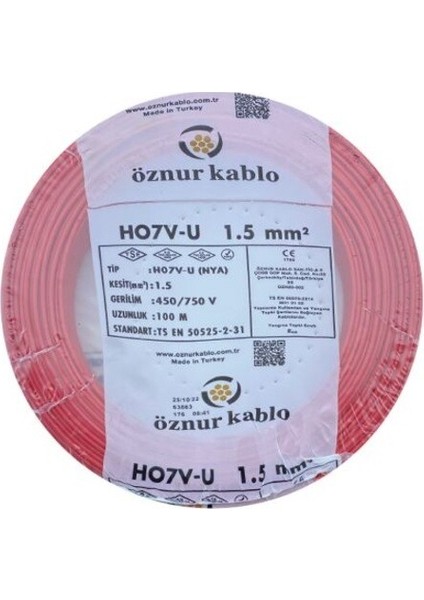 1.5 mm Nya %100 Bakır Tek Damar Kablo Kırmızı Renk 1 Top 100 Metre