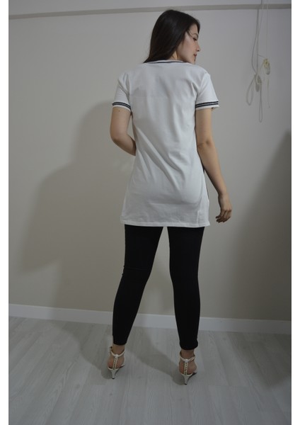 Kadın Yakası ve Kollarında Sim Detaylı V Yaka Kisa Kollu Yırtmaç Detaylı Uzun T-Shirt