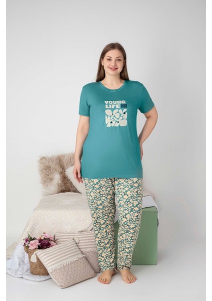 Kadın Bisiklet Yaka Düğmesiz Battal Kesim Viskon Yazlık Kısa Kol Cepli Büyük Beden Pijama Takımı