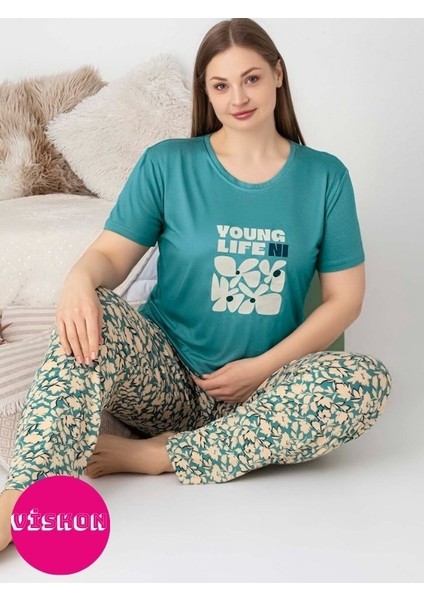 Kadın Bisiklet Yaka Düğmesiz Battal Kesim Viskon Yazlık Kısa Kol Cepli Büyük Beden Pijama Takımı fiyatları