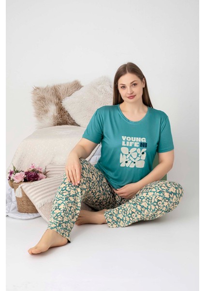 Kadın Bisiklet Yaka Düğmesiz Battal Kesim Viskon Yazlık Kısa Kol Cepli Büyük Beden Pijama Takımı indirimleri