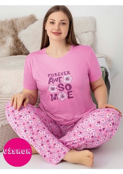 Kadın Bisiklet Yaka Düğmesiz Battal Kesim Viskon Yazlık Kısa Kol Cepli Büyük Beden Pijama Takımı fiyatları