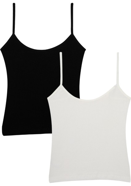 Pamuklu Ince Askılı Fitilli Siyah Kadın Atlet- 2'li Paket-Siyah,beyaz