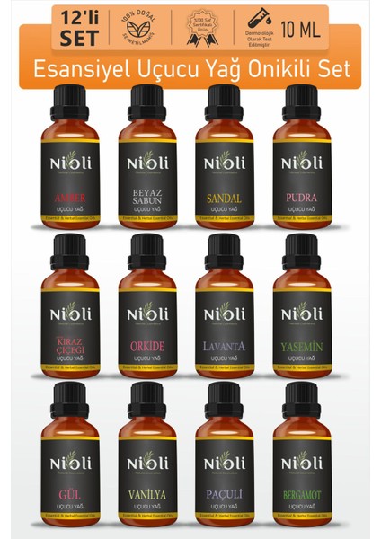 12'li Set Esansiyel Uçucu Yağ Buhurdanlık Yağı Aromaterapi Yağı 10 ml