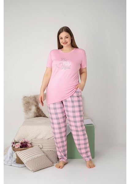 Kadın Bisiklet Yaka Düğmesiz Battal Kesim Viskon Yazlık Kısa Kol Cepli Büyük Beden Pijama Takımı