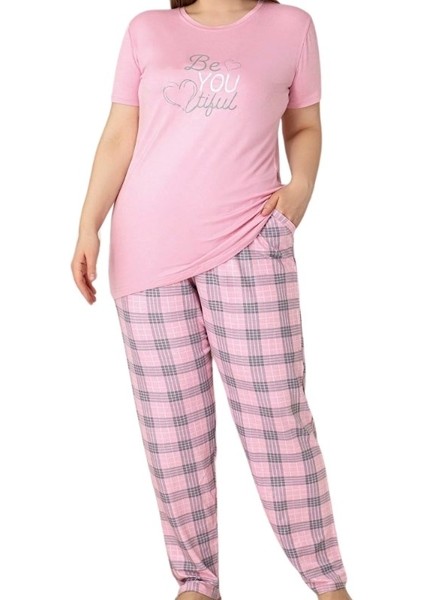Kadın Bisiklet Yaka Düğmesiz Battal Kesim Viskon Yazlık Kısa Kol Cepli Büyük Beden Pijama Takımı modelleri