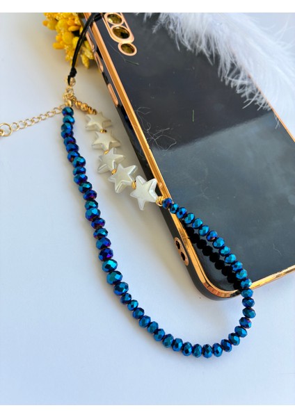 Işıltılı Gece Mavisi Kristal Boncuklu Yıldızlı Telefon ve Çanta ı