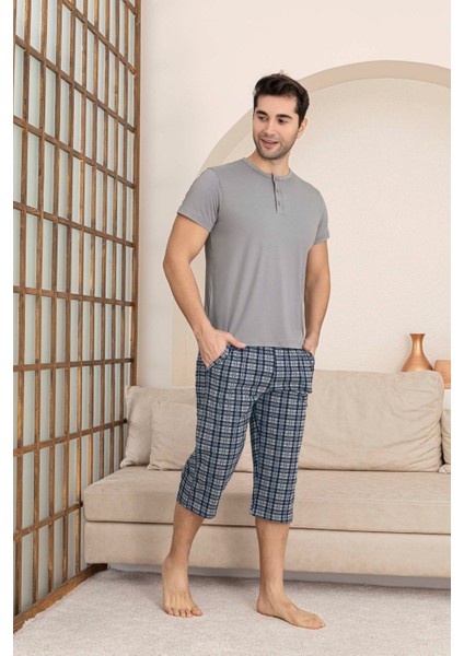 Erkek Bisiklet Yaka 3 Düğmeli Ekose Desen Modal Kısa Kol Cepli Kapri Pijama Takımı