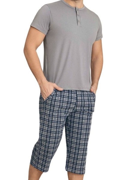 Erkek Bisiklet Yaka 3 Düğmeli Ekose Desen Modal Kısa Kol Cepli Kapri Pijama Takımı modelleri