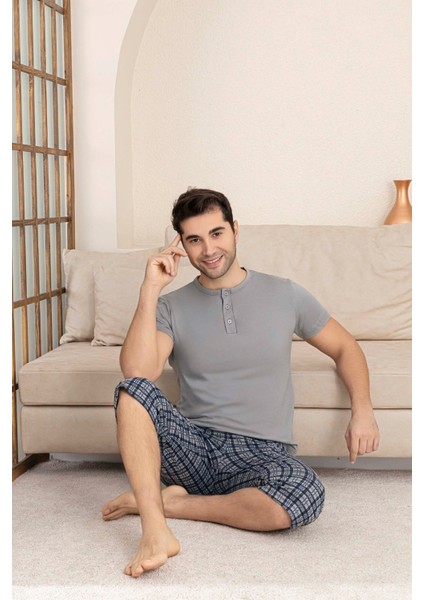 Erkek Bisiklet Yaka 3 Düğmeli Ekose Desen Modal Kısa Kol Cepli Kapri Pijama Takımı indirimleri