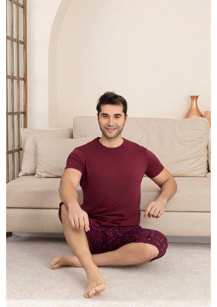 Erkek Bisiklet Yaka 3 Düğmeli Ekose Desen Modal Kısa Kol Cepli Kapri Pijama Takımı