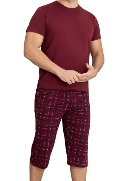 Erkek Bisiklet Yaka 3 Düğmeli Ekose Desen Modal Kısa Kol Cepli Kapri Pijama Takımı fiyatları