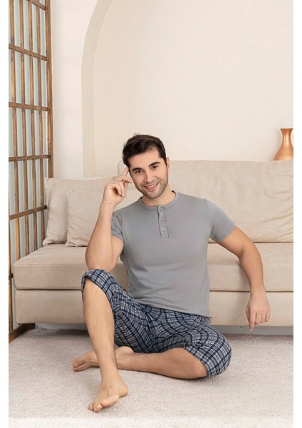 Erkek Bisiklet Yaka 3 Düğmeli Ekose Desen Modal Kısa Kol Cepli Kapri Pijama Takımı