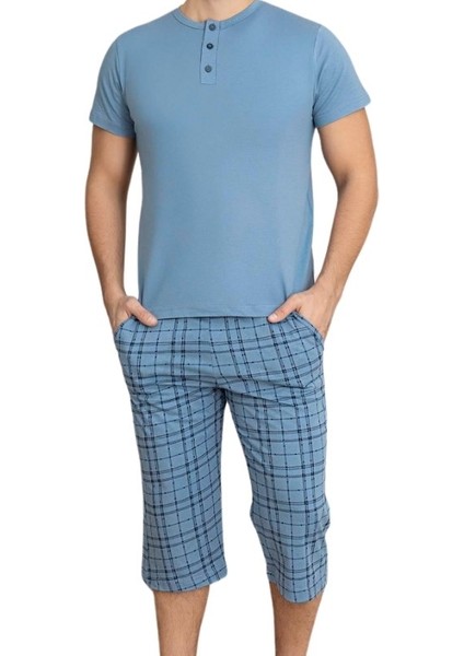 Erkek Bisiklet Yaka 3 Düğmeli Ekose Desen Modal Kısa Kol Cepli Kapri Pijama Takımı