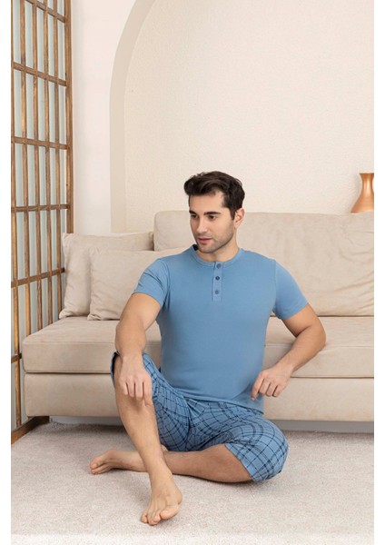 Erkek Bisiklet Yaka 3 Düğmeli Ekose Desen Modal Kısa Kol Cepli Kapri Pijama Takımı