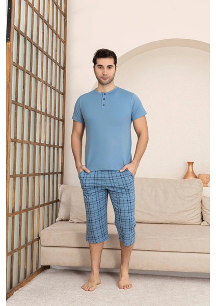 Erkek Bisiklet Yaka 3 Düğmeli Ekose Desen Modal Kısa Kol Cepli Kapri Pijama Takımı