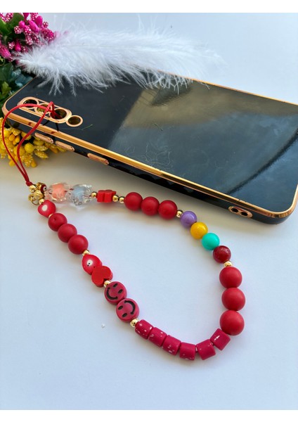 Kırmızı Nazar Boncuklu Emojili Renkli Boncuklu ve Linolu Telefon ve Çanta ı