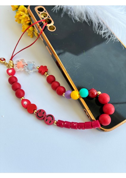 Kırmızı Nazar Boncuklu Emojili Renkli Boncuklu ve Linolu Telefon ve Çanta ı modelleri