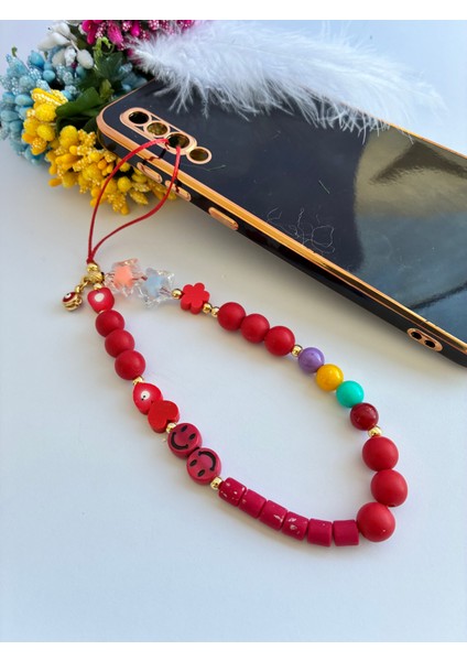 Kırmızı Nazar Boncuklu Emojili Renkli Boncuklu ve Linolu Telefon ve Çanta ı fırsatları