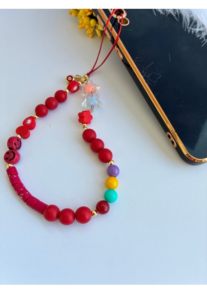 Kırmızı Nazar Boncuklu Emojili Renkli Boncuklu ve Linolu Telefon ve Çanta ı indirimleri