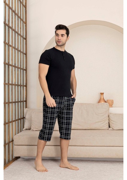 Erkek Bisiklet Yaka 3 Düğmeli Ekose Desen Modal Kısa Kol Cepli Kapri Pijama Takımı