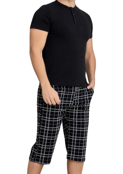 Erkek Bisiklet Yaka 3 Düğmeli Ekose Desen Modal Kısa Kol Cepli Kapri Pijama Takımı