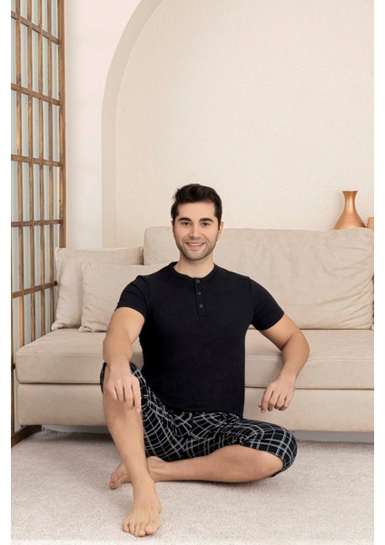 Erkek Bisiklet Yaka 3 Düğmeli Ekose Desen Modal Kısa Kol Cepli Kapri Pijama Takımı