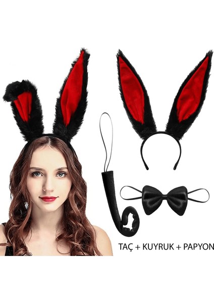 Siyah Kırmızı Renk Peluş Tavşan Kulak Papyon Kuyruk Yetişkin Boy - Lisinya