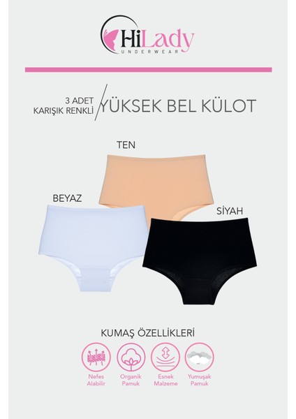 Kadın Külot 3'lü Paket Yüksek Bel Külot, Siyah - Beyaz - Ten Kadın Külot fiyatları