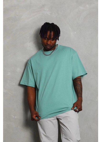 Oversize Düz Bisiklet Yaka T-Shirt - Mint Yeşili
