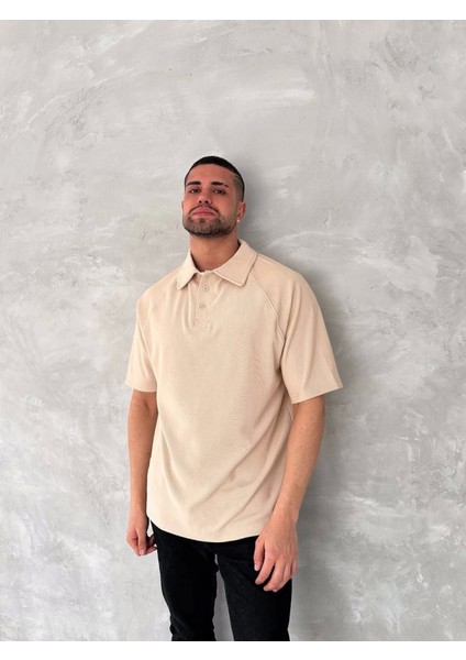 Yakalı Patlı Kısa Kol T-Shirt - Bej