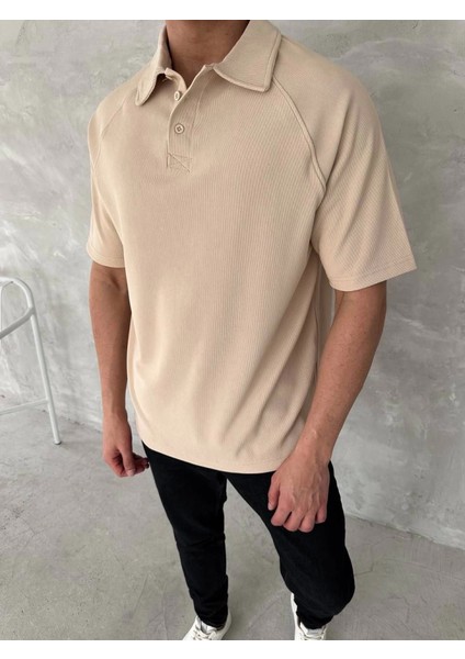 Yakalı Patlı Kısa Kol T-Shirt - Bej