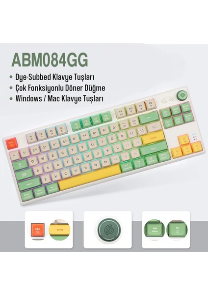ABM084 Programlanabilir Esports Rgb Mekanik 3 Mode Kablosuz Klavye (Grı Yeşil)