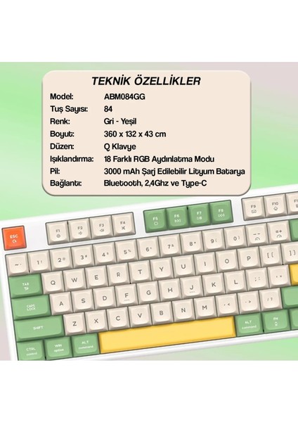 ABM084 Programlanabilir Esports Rgb Mekanik 3 Mode Kablosuz Klavye (Grı Yeşil)