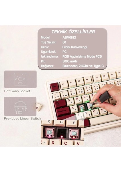 ABM081 Stellar Programlanabilir Esports Rgb Mekanik 3 Mode Kablosuz Klavye (Ivory Coffy)