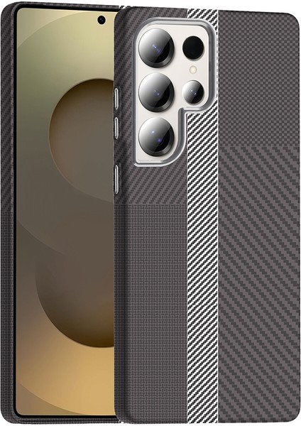 Samsung Galaxy S25 Ultra Kılıf M-Safe Şarj Özellikli Karbon Fiber Görünümlü Vrdr Gros Kapak - Gri-Siyah