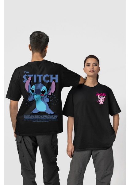 Sevgili Kombini Stitch & Angel Lisanslı Oversize Siyah T-Shirt (Çift T-Shirt Seti)