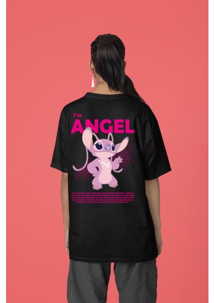 Sevgili Kombini Stitch & Angel Lisanslı Oversize Siyah T-Shirt (Çift T-Shirt Seti)
