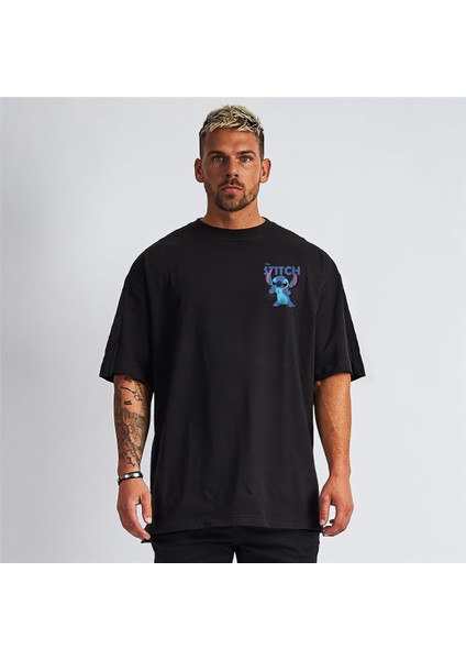 Sevgili Kombini Stitch & Angel Lisanslı Oversize Siyah T-Shirt (Çift T-Shirt Seti)